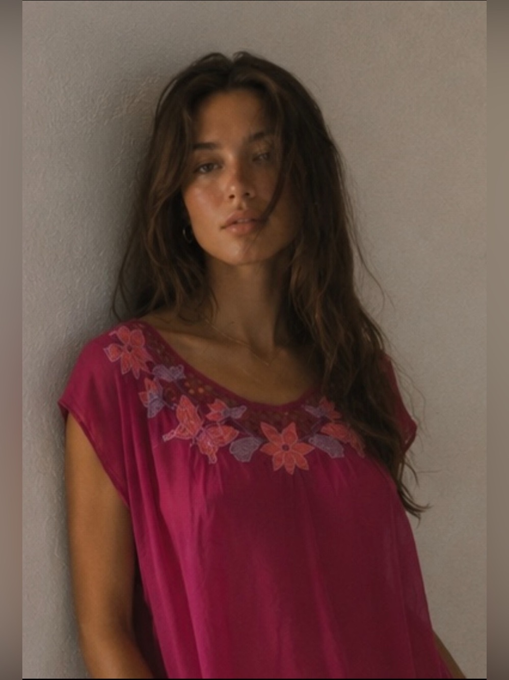 Vintage Bohemian Embroidered Blouse Hot Pink Floral Crochet Butterfly Fuschia S
